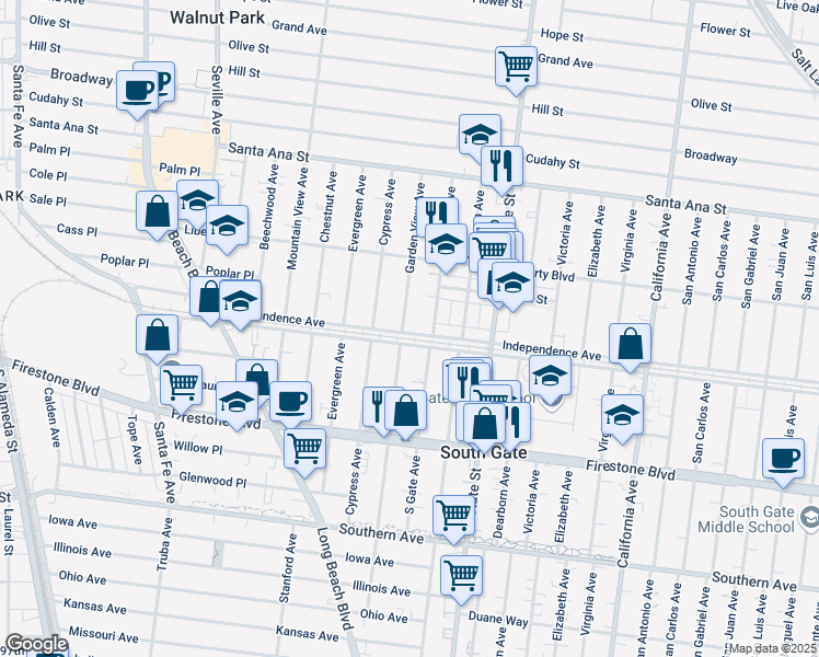 map of restaurants, bars, coffee shops, grocery stores, and more near 8480 Garden View Avenue in South Gate