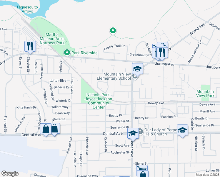 map of restaurants, bars, coffee shops, grocery stores, and more near 6266 Pathfinder Road in Riverside