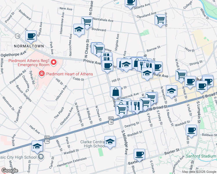 map of restaurants, bars, coffee shops, grocery stores, and more near 428 North Milledge Avenue in Athens
