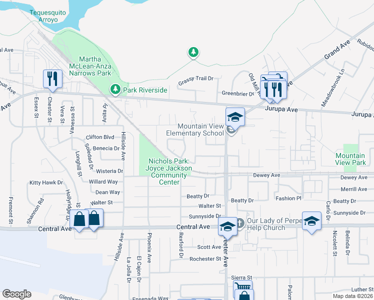 map of restaurants, bars, coffee shops, grocery stores, and more near 6266 Pathfinder Road in Riverside