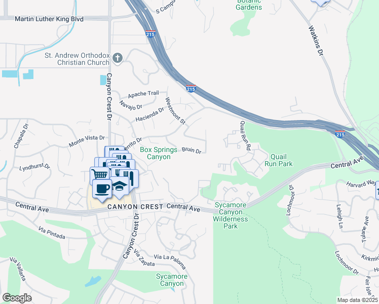 map of restaurants, bars, coffee shops, grocery stores, and more near 566 Bruin Drive in Riverside