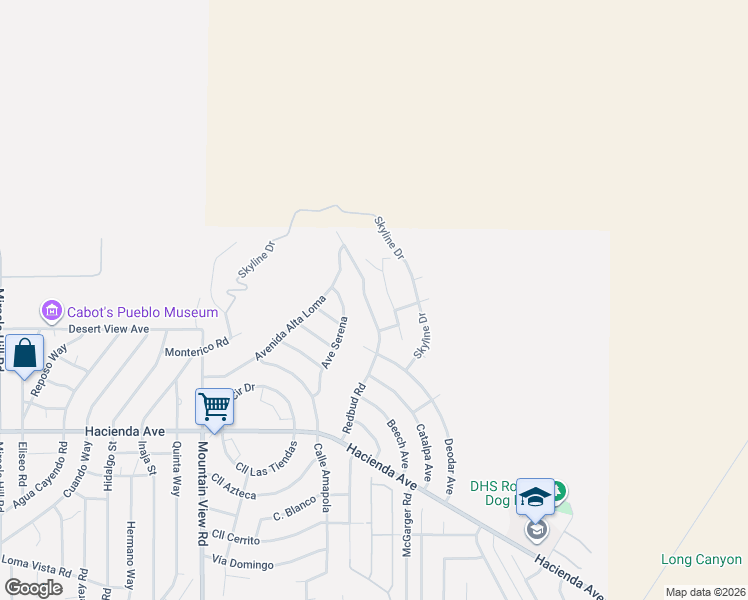 map of restaurants, bars, coffee shops, grocery stores, and more near 12438 Redbud Road in Desert Hot Springs