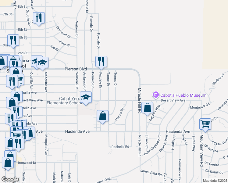 map of restaurants, bars, coffee shops, grocery stores, and more near 12424 Sumac Drive in Desert Hot Springs