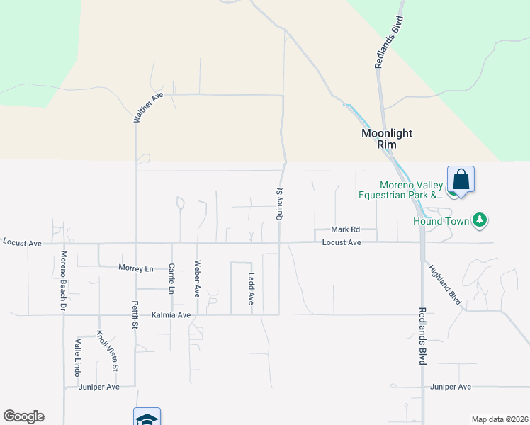 map of restaurants, bars, coffee shops, grocery stores, and more near 28440 Locust Avenue in Moreno Valley