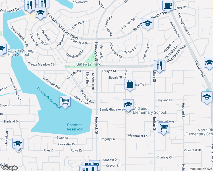 map of restaurants, bars, coffee shops, grocery stores, and more near 24013 Forsyte Street in Moreno Valley