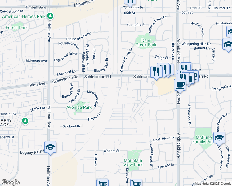 map of restaurants, bars, coffee shops, grocery stores, and more near 7069 Vernazza Place in Eastvale