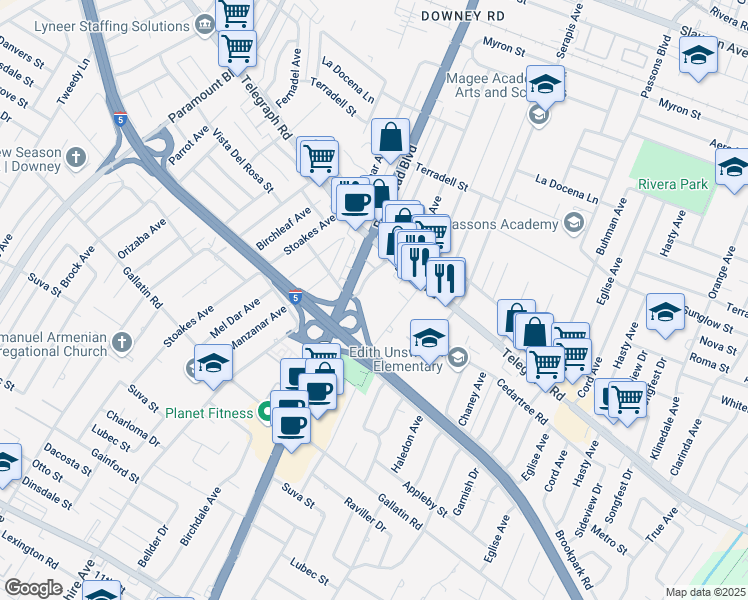 map of restaurants, bars, coffee shops, grocery stores, and more near 8854 Lindell Avenue in Downey