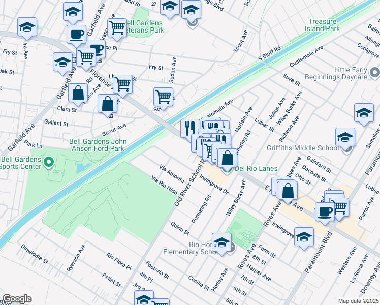 map of restaurants, bars, coffee shops, grocery stores, and more near 7348 Florence Avenue in Downey