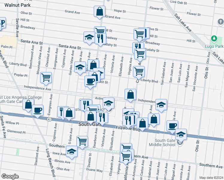map of restaurants, bars, coffee shops, grocery stores, and more near 8466 Victoria Avenue in South Gate