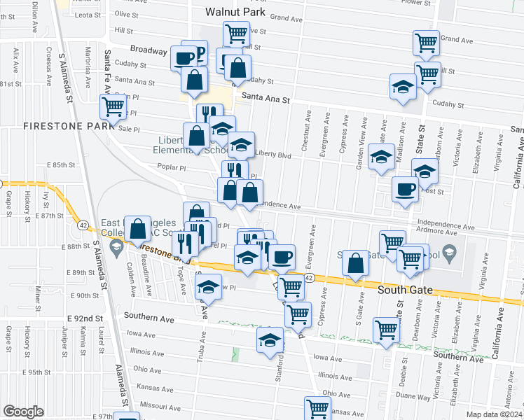 map of restaurants, bars, coffee shops, grocery stores, and more near 2834 Ardmore Avenue in South Gate
