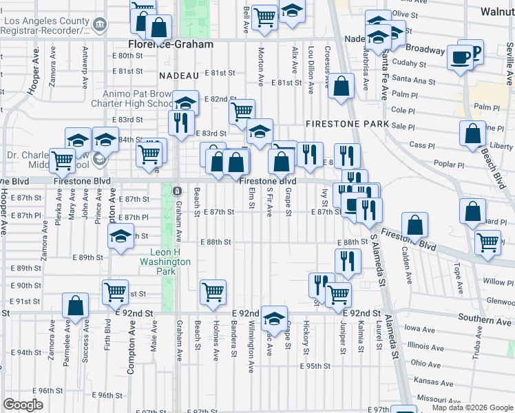 map of restaurants, bars, coffee shops, grocery stores, and more near 1925 East 87th Street in Los Angeles