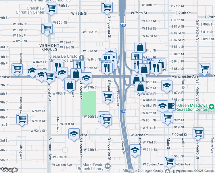 map of restaurants, bars, coffee shops, grocery stores, and more near 8704 South Figueroa Street in Los Angeles