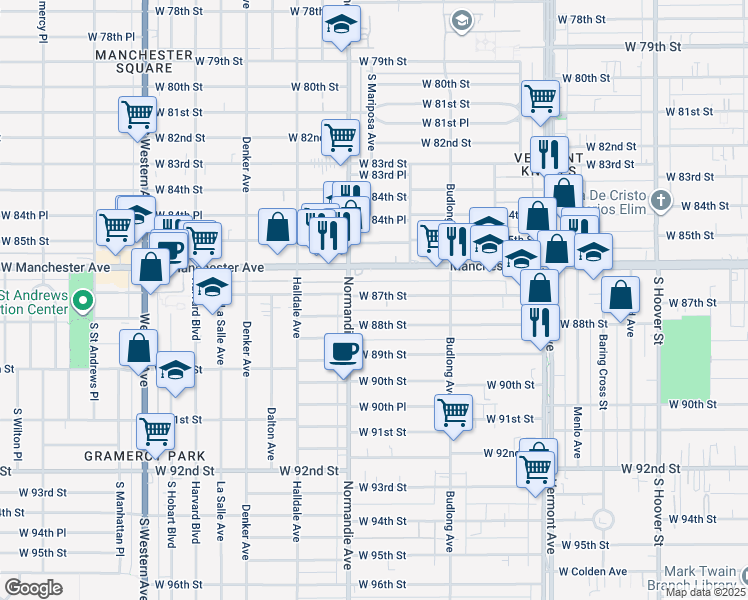 map of restaurants, bars, coffee shops, grocery stores, and more near 1316 West 87th Street in Los Angeles
