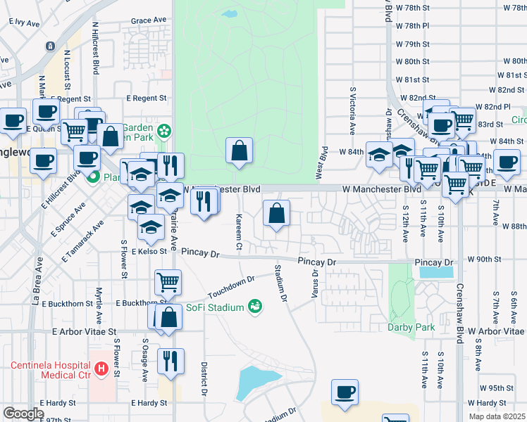 map of restaurants, bars, coffee shops, grocery stores, and more near 3755 Danbury Lane in Inglewood