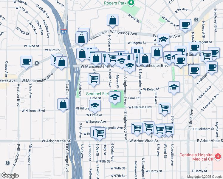 map of restaurants, bars, coffee shops, grocery stores, and more near 443 West Kelso Street in Inglewood