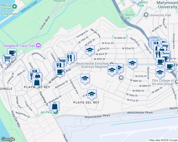 map of restaurants, bars, coffee shops, grocery stores, and more near 7740 Redlands Street in Los Angeles