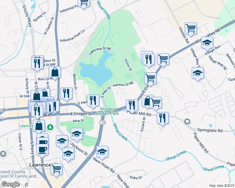 map of restaurants, bars, coffee shops, grocery stores, and more near Nix Lane in Lawrenceville