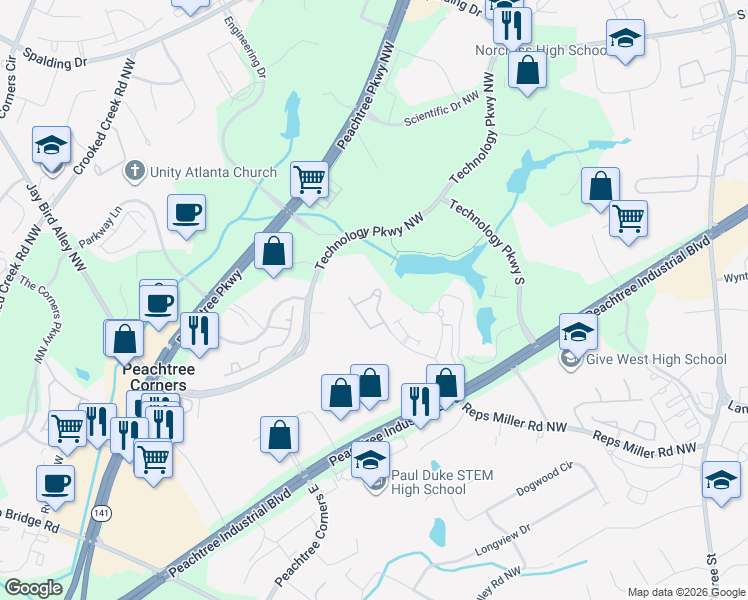 map of restaurants, bars, coffee shops, grocery stores, and more near 3236 Ashwood Oak Lane in Norcross
