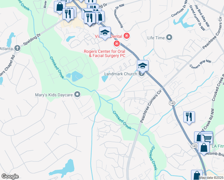 map of restaurants, bars, coffee shops, grocery stores, and more near 3747 Meadow Rue Lane in Norcross