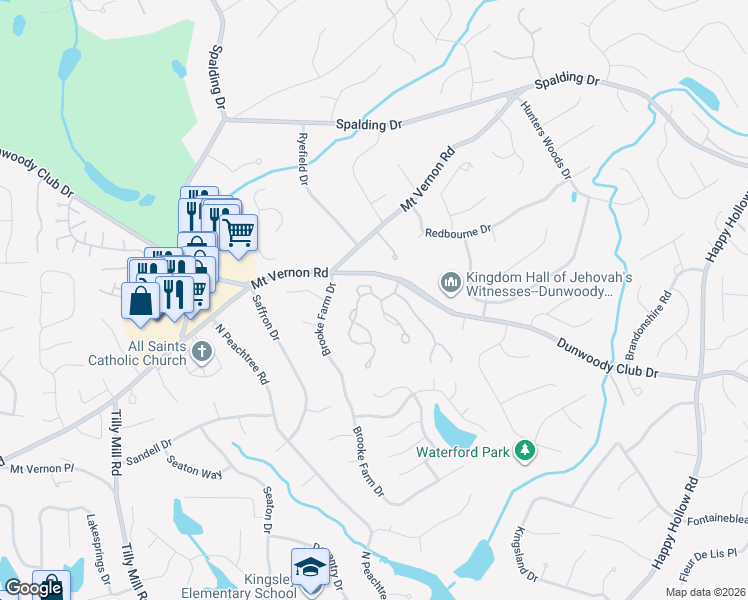 map of restaurants, bars, coffee shops, grocery stores, and more near 5296 Brooke Ridge Drive in Atlanta