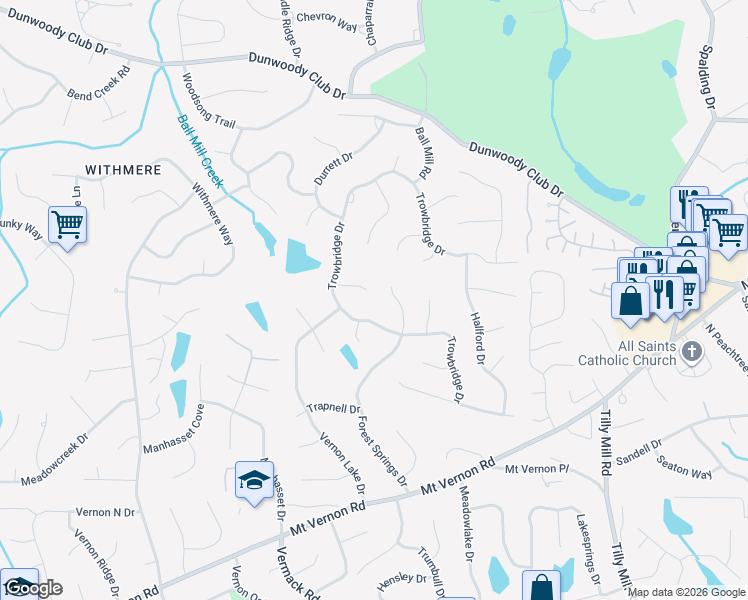 map of restaurants, bars, coffee shops, grocery stores, and more near 5402 Forest Springs Drive in Dunwoody