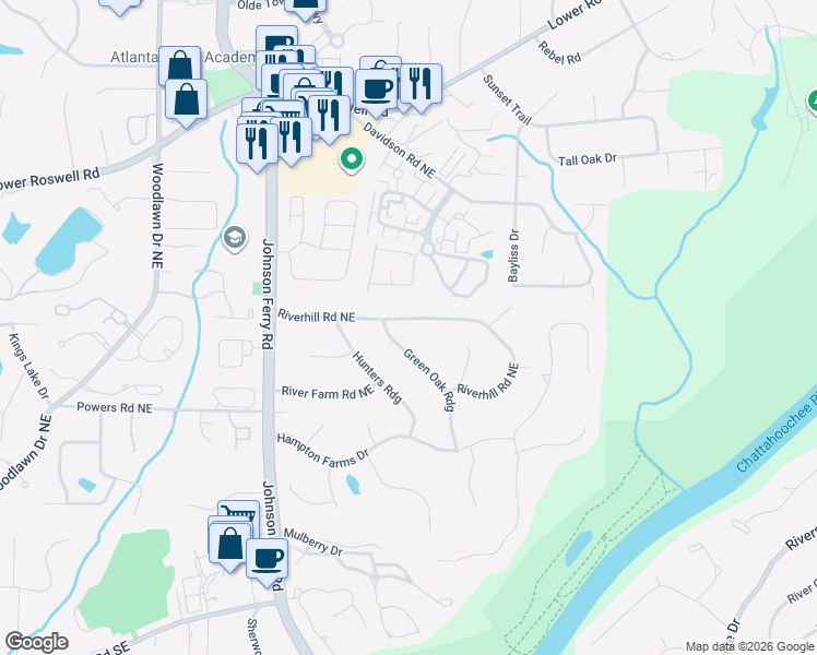 map of restaurants, bars, coffee shops, grocery stores, and more near 4990 Riverhill Road Northeast in Marietta