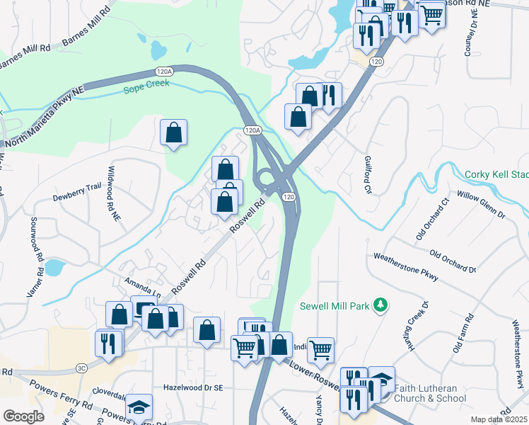 map of restaurants, bars, coffee shops, grocery stores, and more near 1860 Roswell Road in Marietta