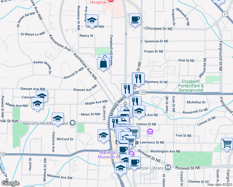 map of restaurants, bars, coffee shops, grocery stores, and more near 274 Kennesaw Avenue Northwest in Marietta