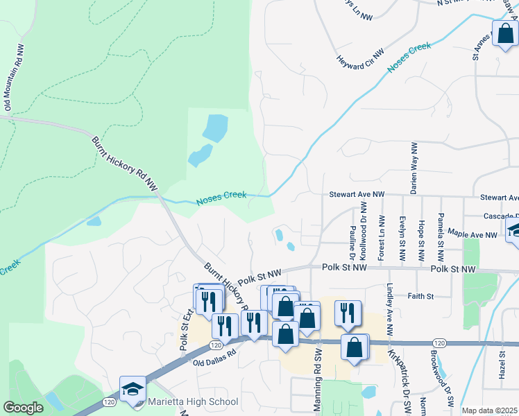 map of restaurants, bars, coffee shops, grocery stores, and more near 310 Anders Pth Northwest in Marietta