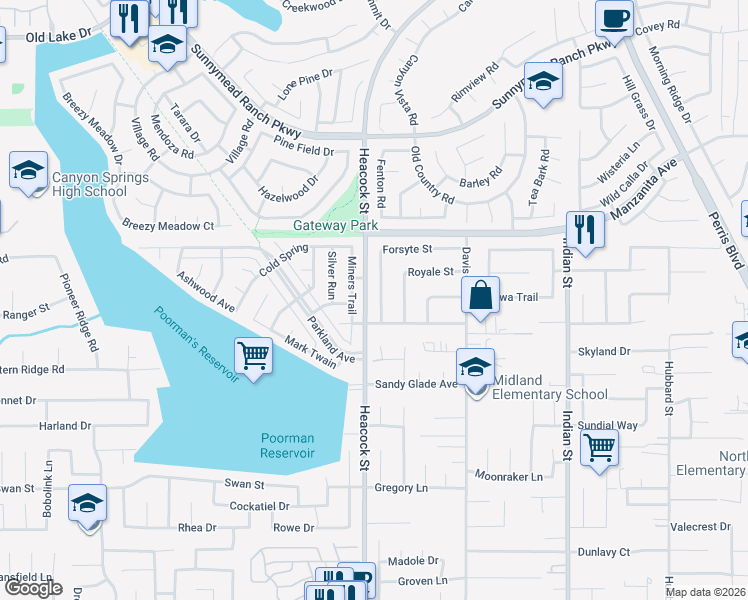 map of restaurants, bars, coffee shops, grocery stores, and more near 24022 Forsyte Street in Moreno Valley
