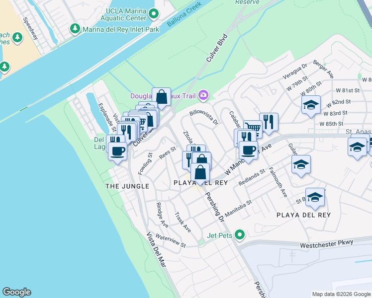 map of restaurants, bars, coffee shops, grocery stores, and more near 8222 Pershing Drive in Los Angeles