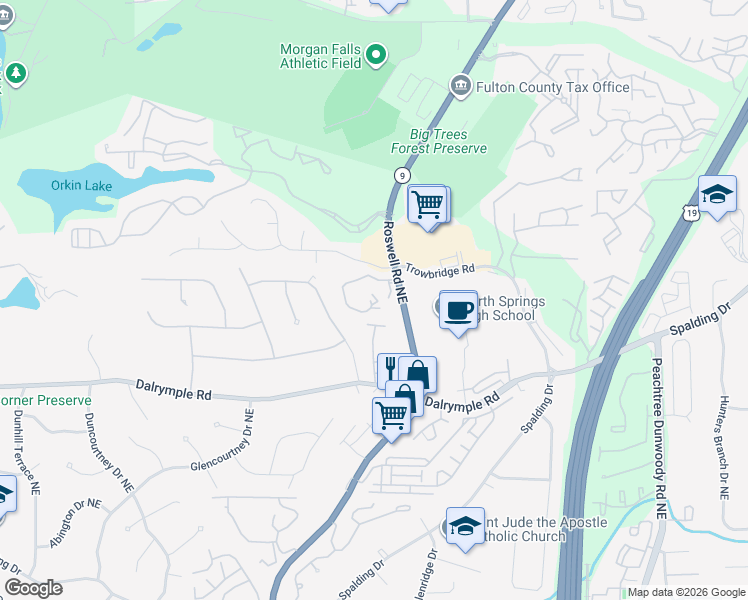 map of restaurants, bars, coffee shops, grocery stores, and more near 7500 Roswell Road in Sandy Springs