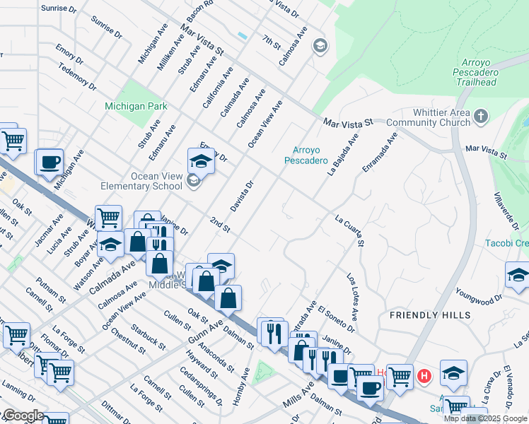 map of restaurants, bars, coffee shops, grocery stores, and more near 8504 Catalina Avenue in Whittier