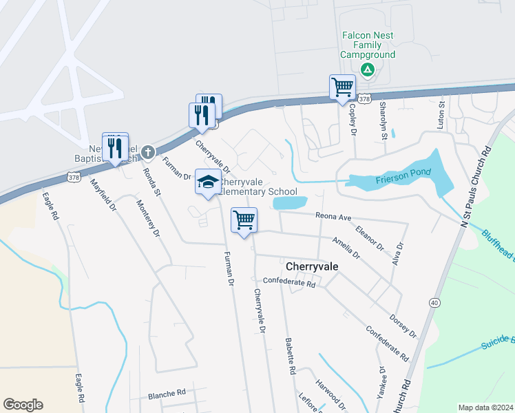 map of restaurants, bars, coffee shops, grocery stores, and more near 1353 Cherryvale Drive in Sumter