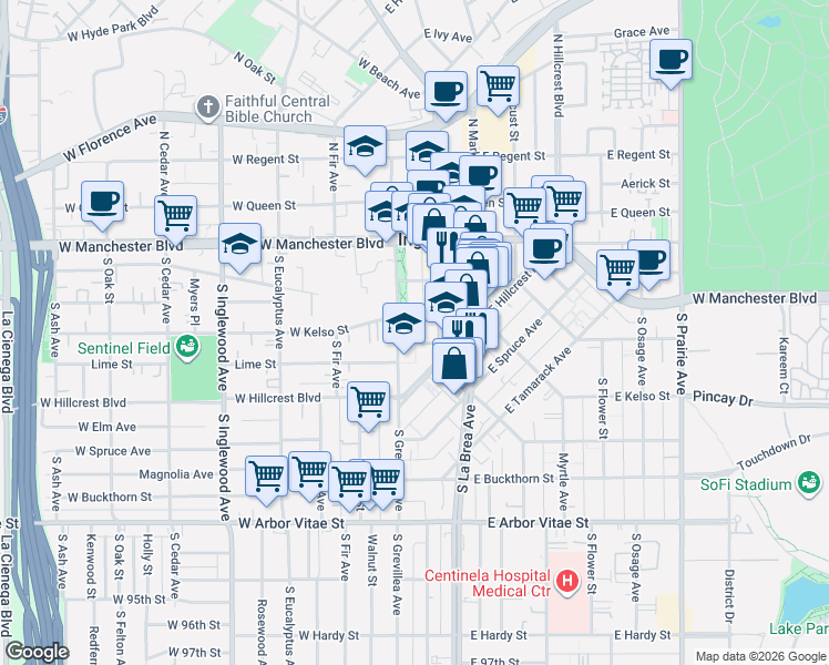 map of restaurants, bars, coffee shops, grocery stores, and more near 113 Davis Drive in Inglewood