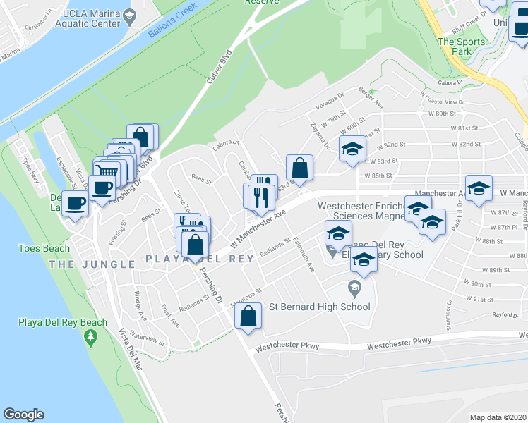 map of restaurants, bars, coffee shops, grocery stores, and more near 8111w West Manchester Avenue in Los Angeles