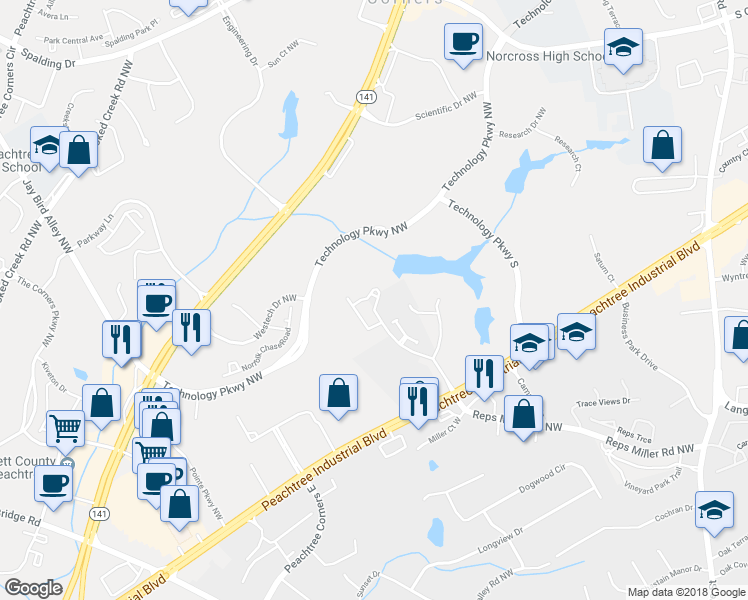 map of restaurants, bars, coffee shops, grocery stores, and more near 3236 Ashwood Oak Lane in Norcross