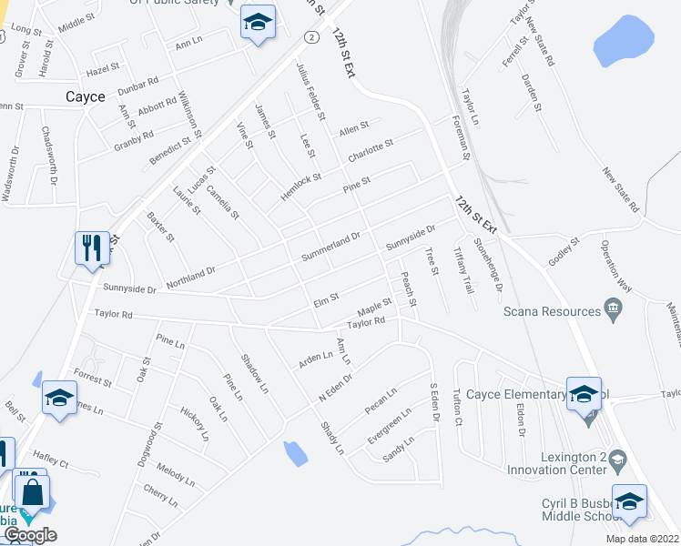 map of restaurants, bars, coffee shops, grocery stores, and more near 1313 Sunnyside Drive in Cayce