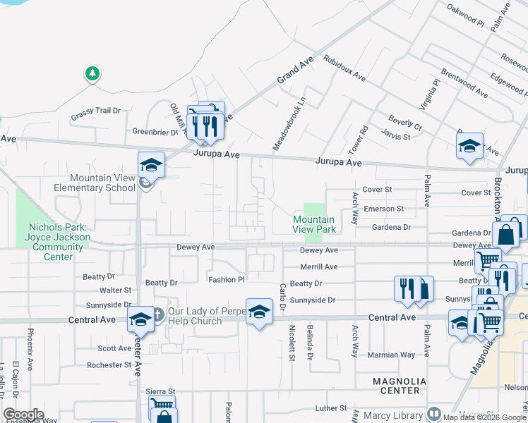 map of restaurants, bars, coffee shops, grocery stores, and more near 4939 Plumtree Court in Riverside