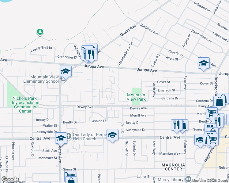 map of restaurants, bars, coffee shops, grocery stores, and more near 4939 Ficus Court in Riverside