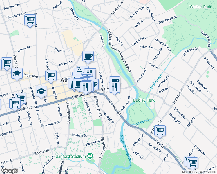 map of restaurants, bars, coffee shops, grocery stores, and more near 755 East Broad Street in Athens