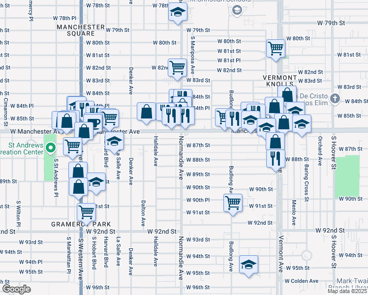 map of restaurants, bars, coffee shops, grocery stores, and more near 8700 Normandie Avenue in Los Angeles