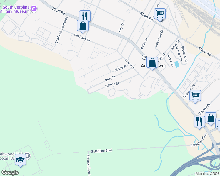 map of restaurants, bars, coffee shops, grocery stores, and more near 704 Barnes Street in Columbia