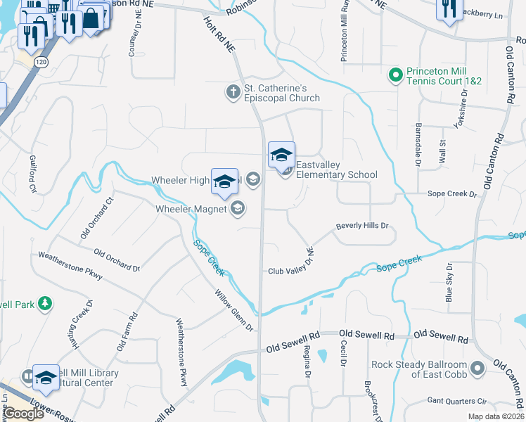 map of restaurants, bars, coffee shops, grocery stores, and more near 19 Holt Road Northeast in Marietta