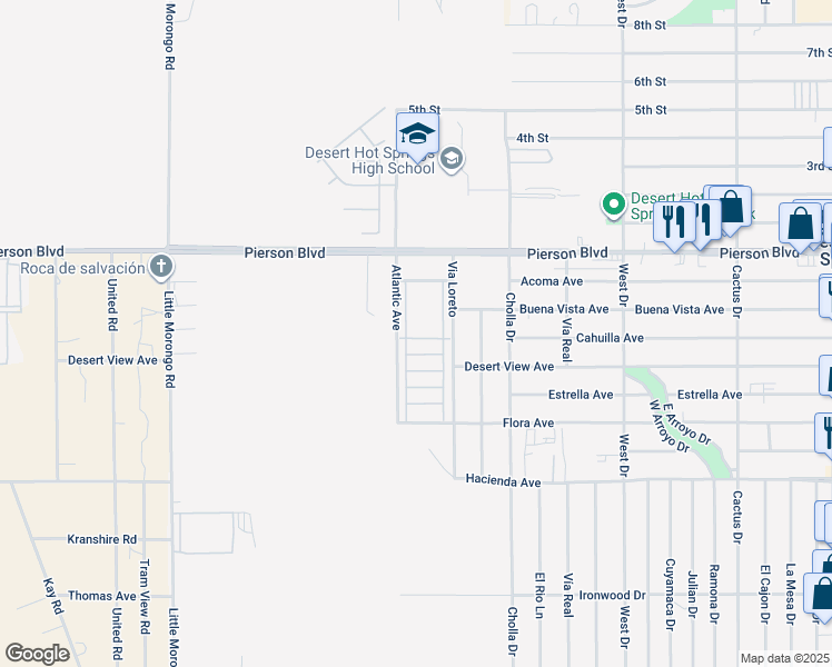 map of restaurants, bars, coffee shops, grocery stores, and more near 65565 Acoma Avenue in Desert Hot Springs