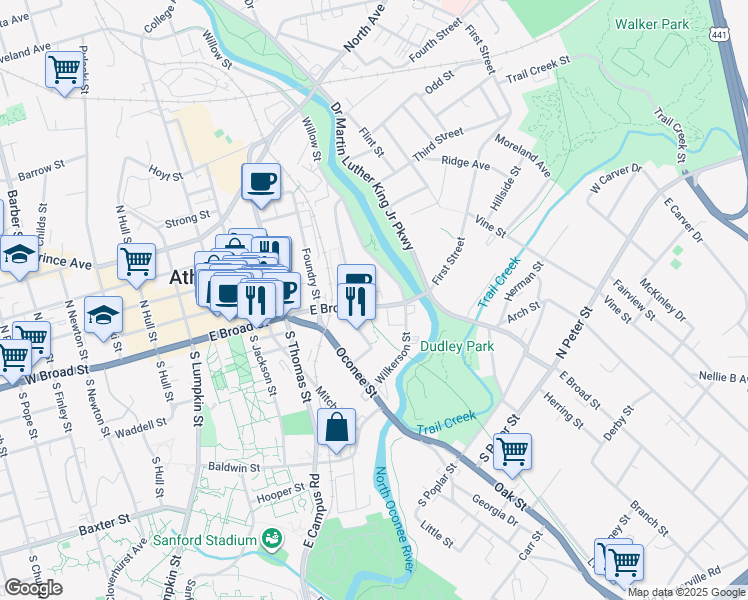 map of restaurants, bars, coffee shops, grocery stores, and more near 805 East Broad Street in Athens