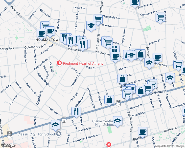 map of restaurants, bars, coffee shops, grocery stores, and more near 834 Hill Street in Athens