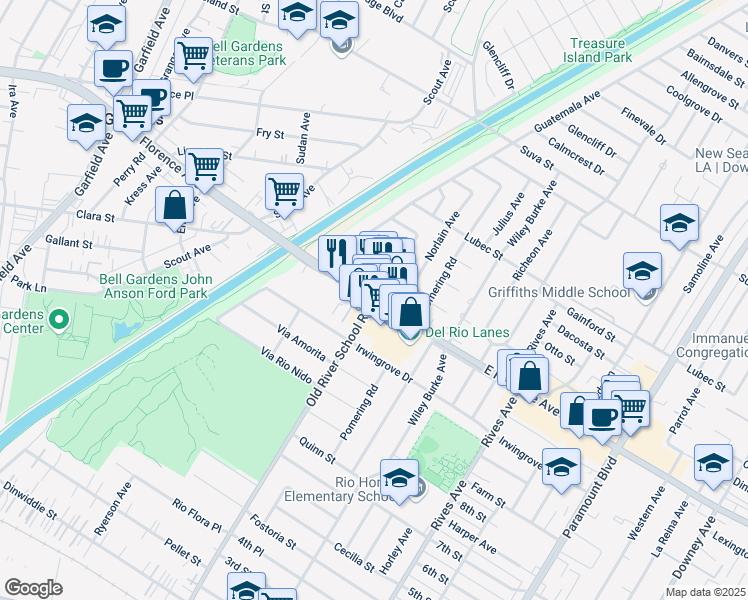 map of restaurants, bars, coffee shops, grocery stores, and more near Florence Avenue & Old River School Road in Downey