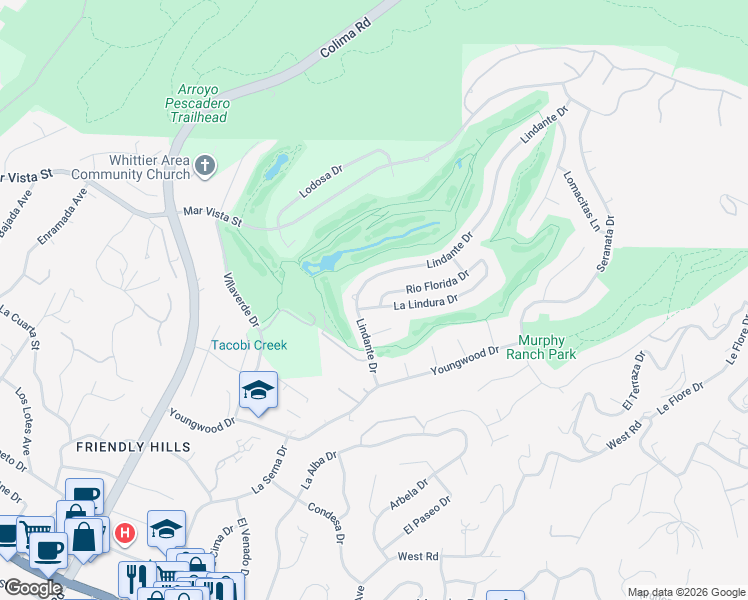 map of restaurants, bars, coffee shops, grocery stores, and more near 15736 La Lindura Drive in Whittier