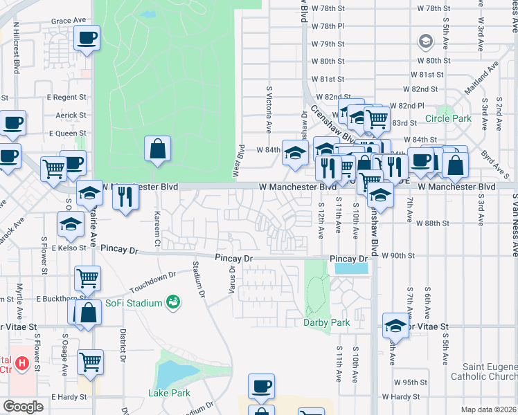 map of restaurants, bars, coffee shops, grocery stores, and more near 3500 West Manchester Boulevard in Inglewood
